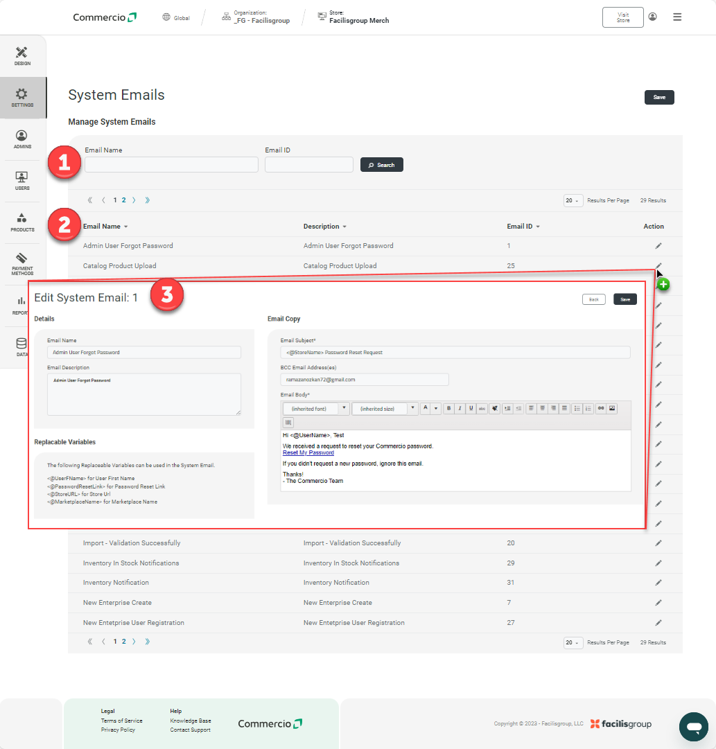 Store Level > Settings > System Emails – Commercio Orders Support