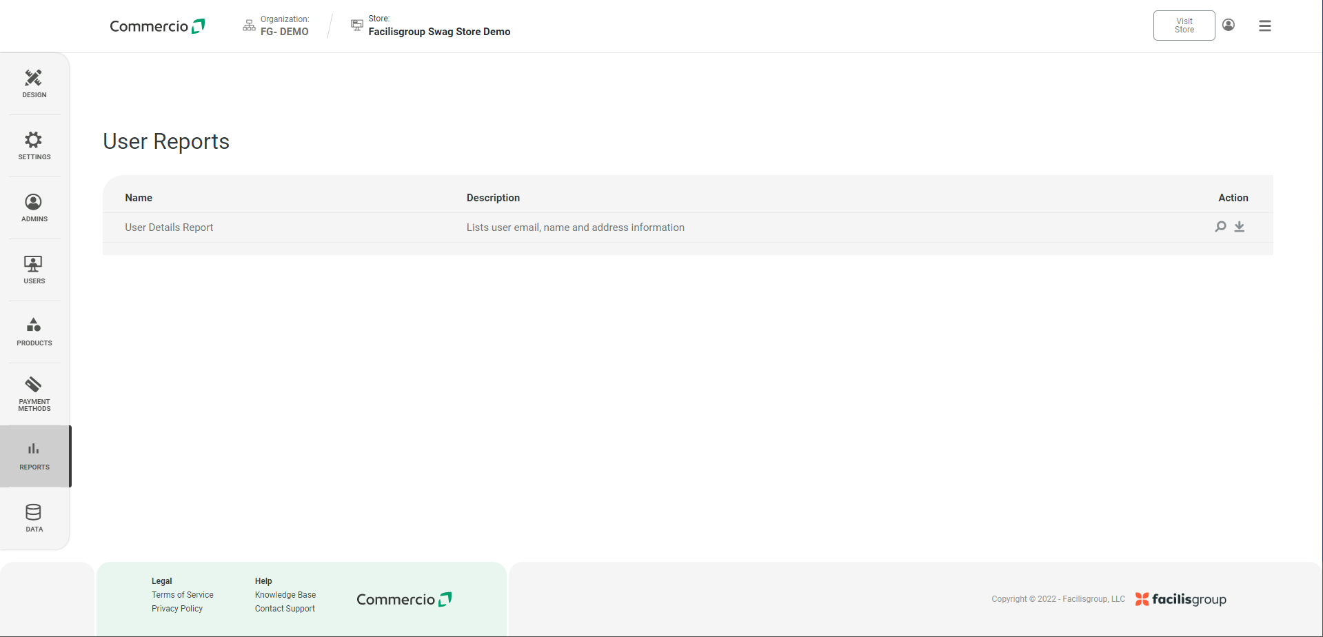 Store Level > Reports > Users – Commercio Orders Support