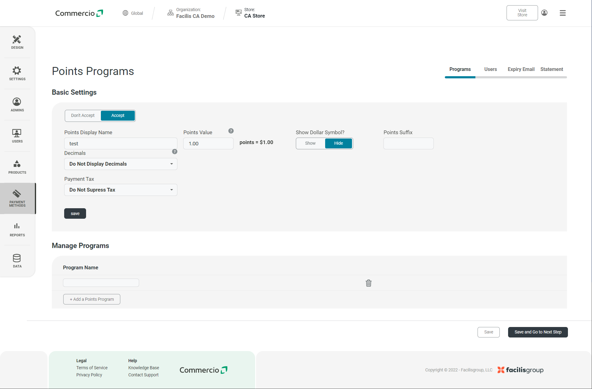 Store Level > Payment Methods > Points Programs – Commercio Orders Support