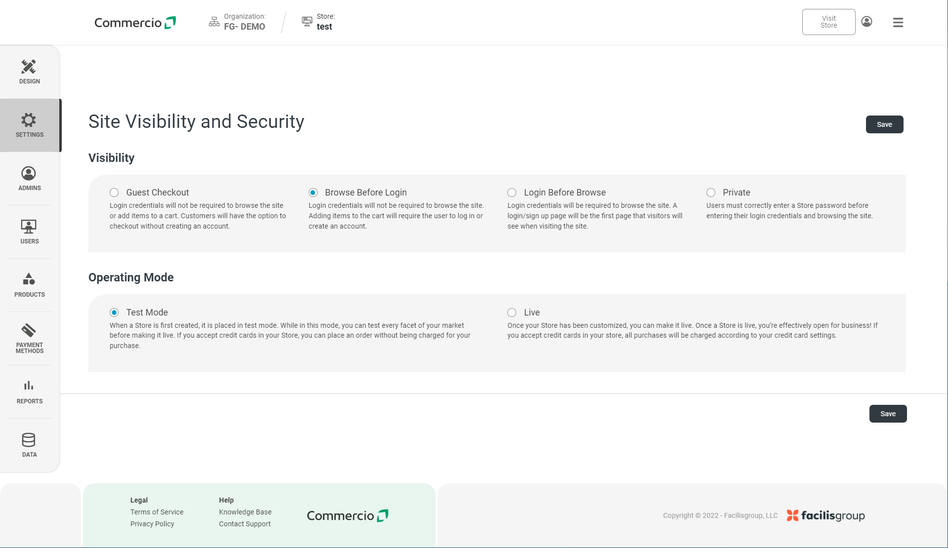 Store Level > Settings > Site Visibility and Security – Commercio ...