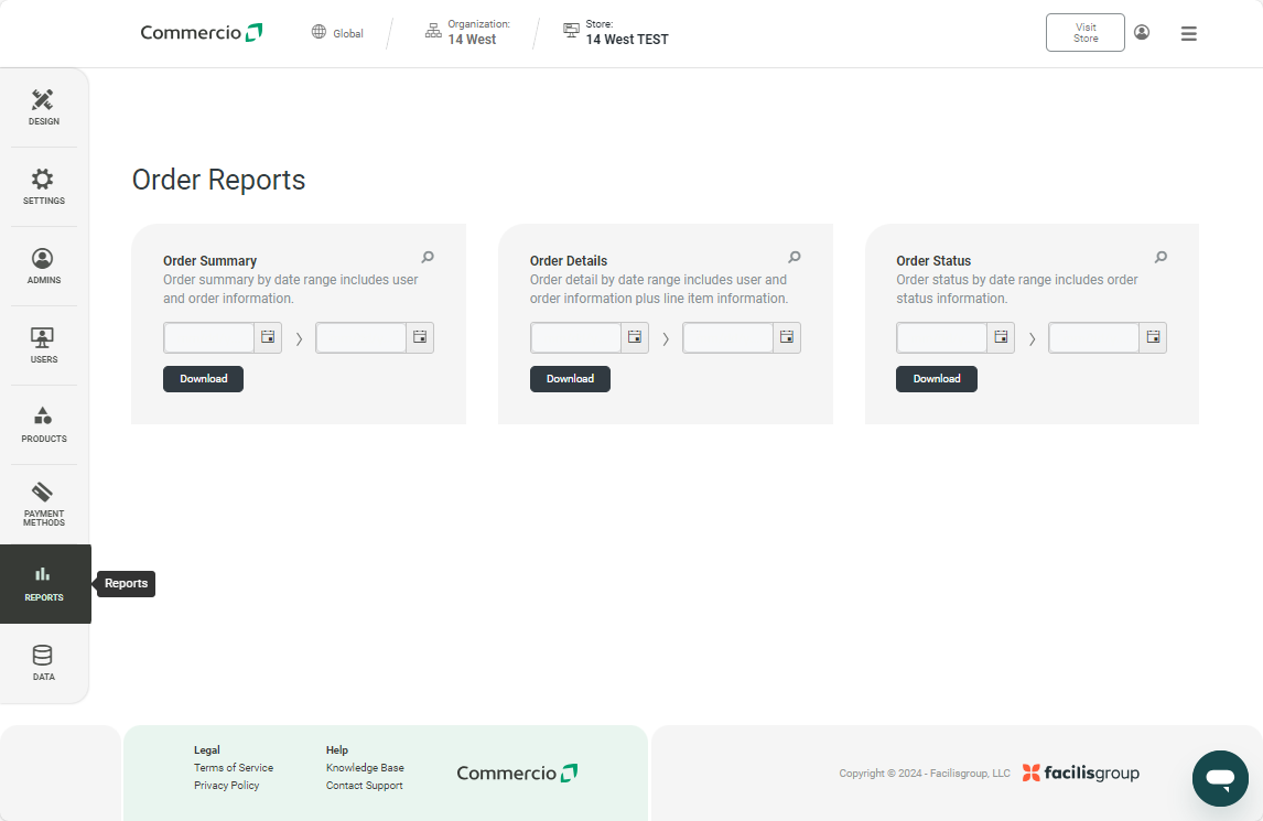 Store Level > Reports > Orders – Commercio Orders Support